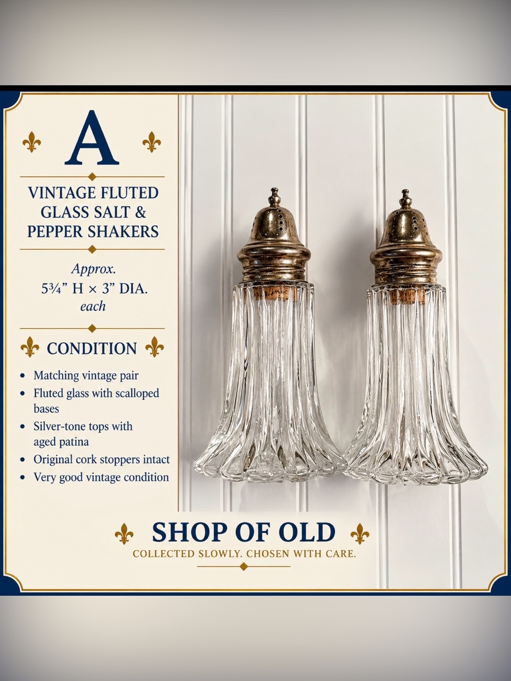 Vintage Fluted Glass Salt & Pepper Shakers with Silver-Tone Tops